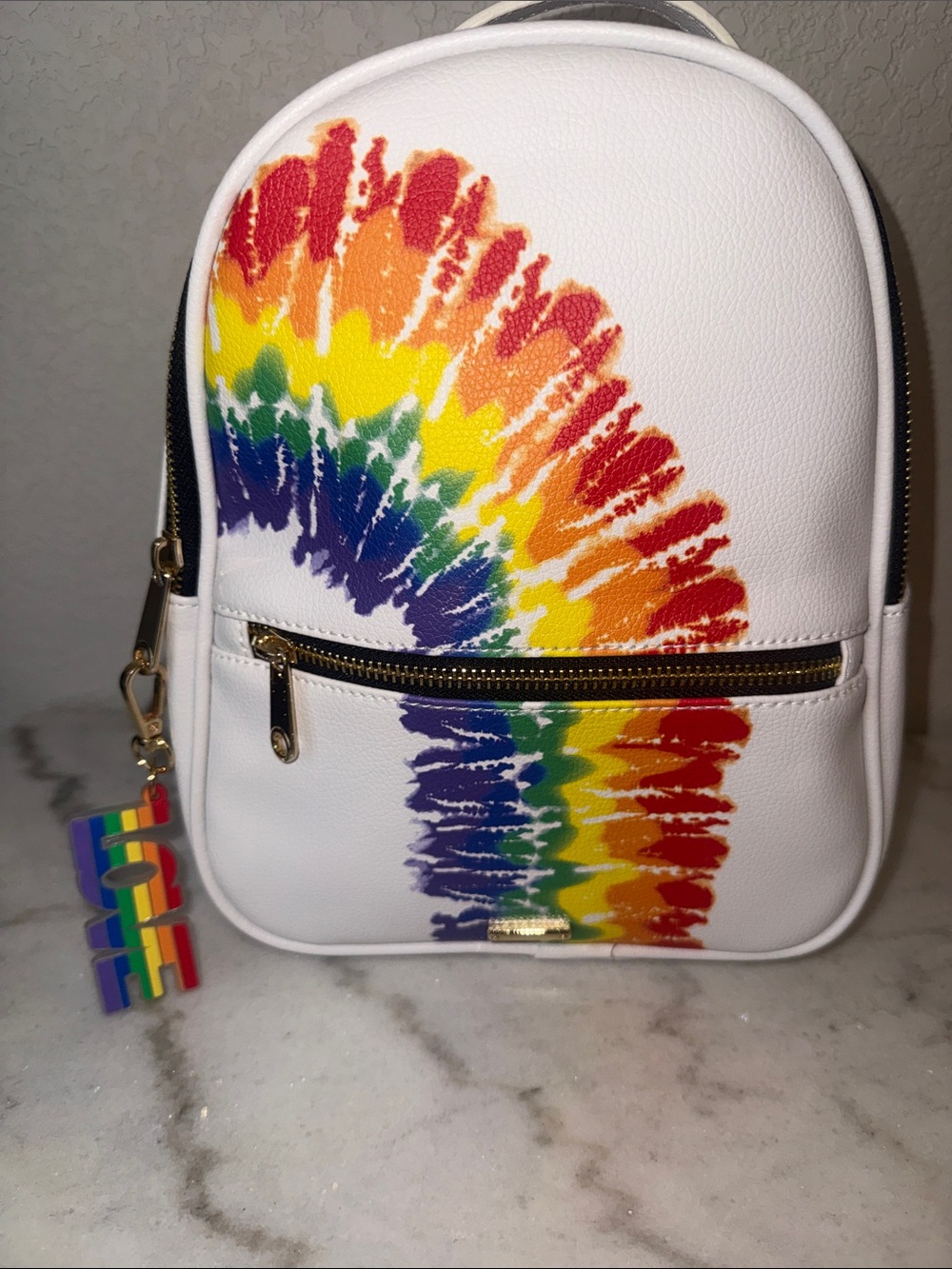 Rainbow Mini Backpack White, LOVE Rainbow Bag Charm-NWOT! 10x 8.5in